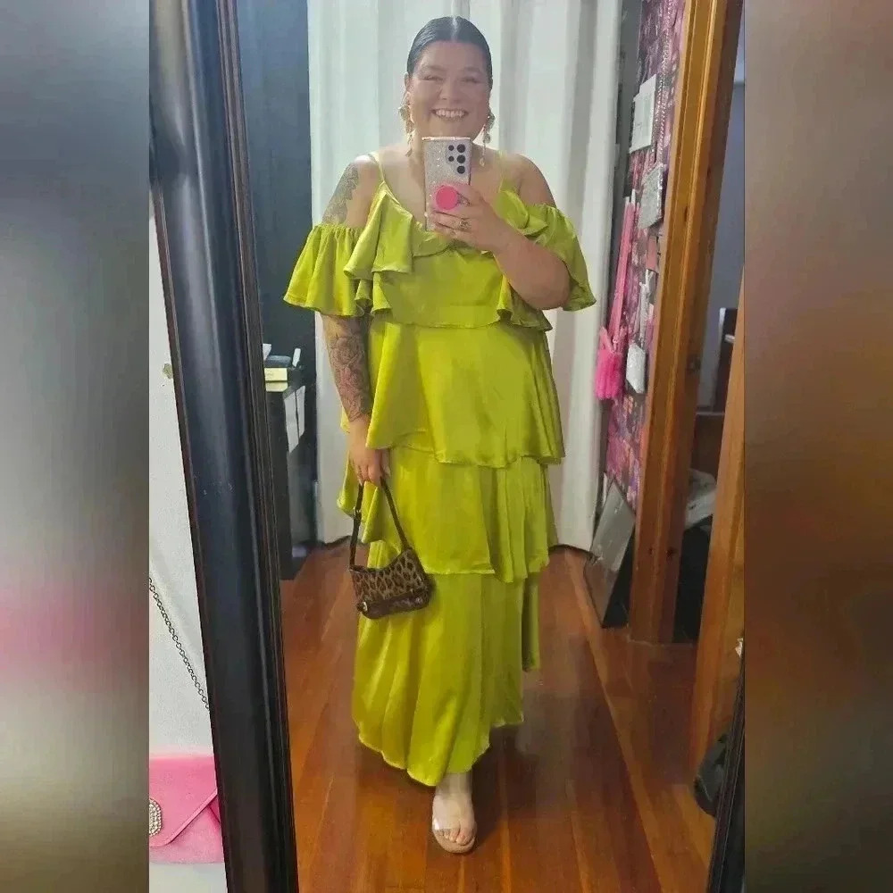 Plus Size Satin Ruffled Cold Shoulder Dress